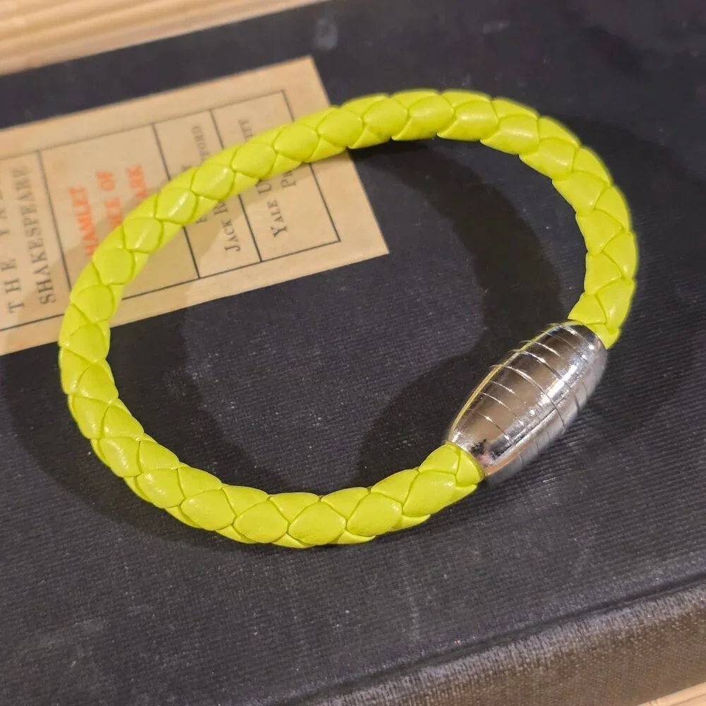 Braided Thick Bright Yellow Vegan Leather Magnetic Clasp Bangle Bracelet